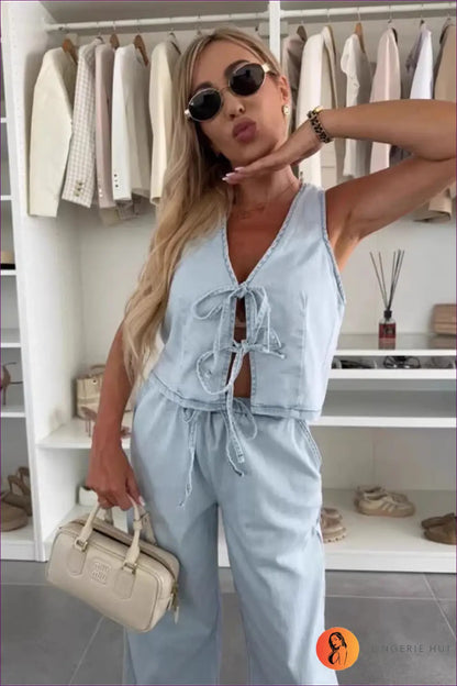 Jumpsuit with Lace-up Vest Top - Weekend Wanderer - Lingerie Hut - All Season • Casual • Cotton • Cutout • Denim