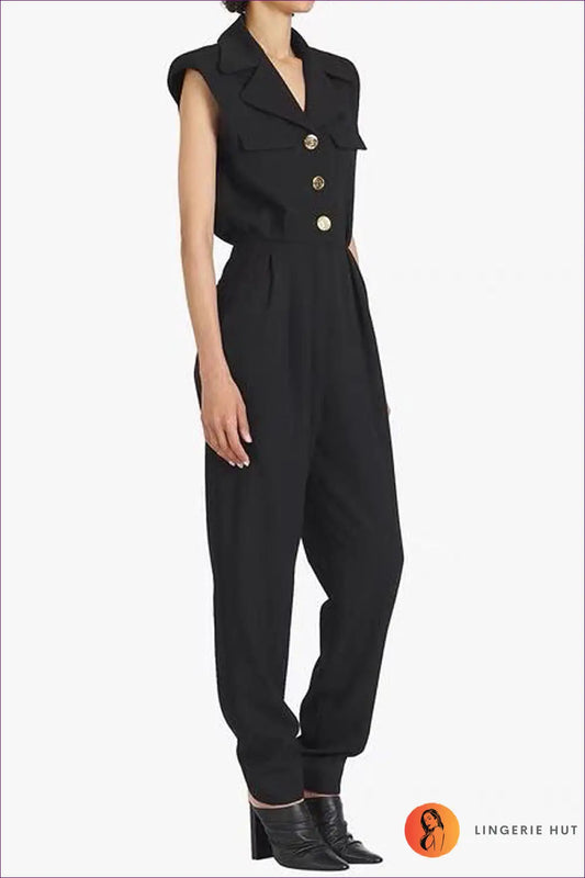 Jumpsuit with Lapel Detail - Professional Power - s / Black - Lingerie Hut - All Season • Autumn • Casual • Everyday