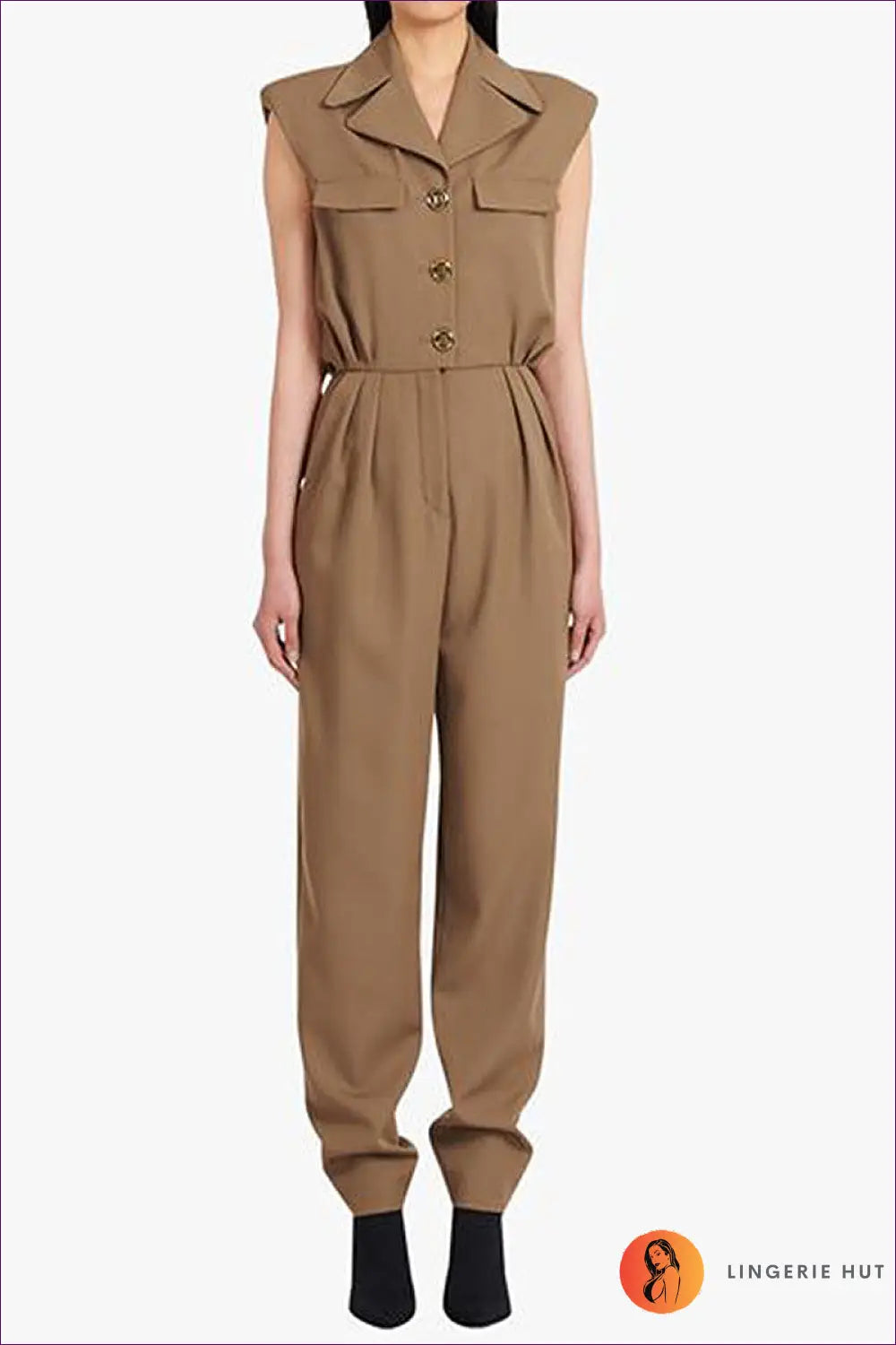 Jumpsuit with Lapel Detail - Professional Power - s / Khaki - Lingerie Hut - All Season • Autumn • Casual • Everyday