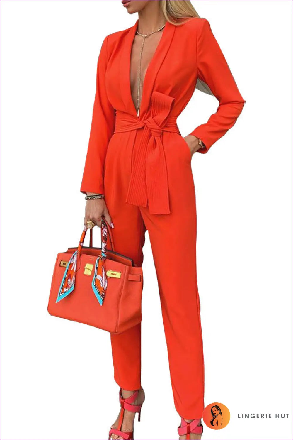 Jumpsuit with Plunging Neckline - Power Lunch - Xl / Yellow - Lingerie Hut - All Season • Autumn • Casual • Cutout