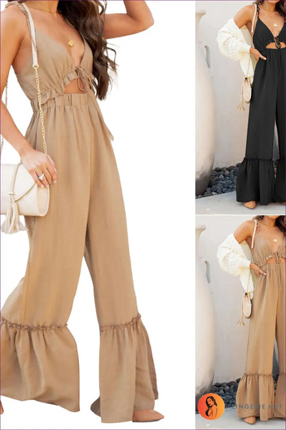 Jumpsuit with Ruffle Hem Detail - Bohemian Grace - l / Khaki - Lingerie Hut - All Season • Backless • Boho • Casual