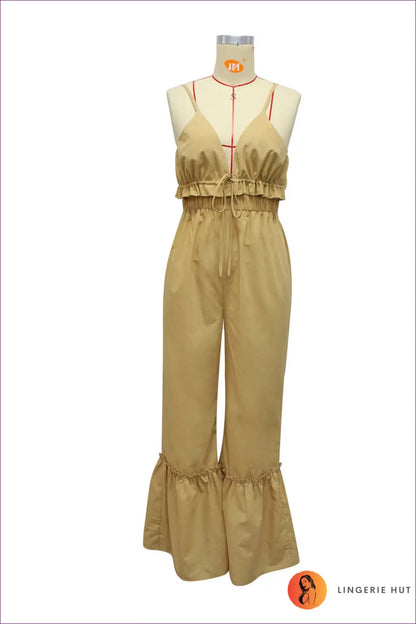 Jumpsuit with Ruffle Hem Detail - Bohemian Grace - l / Khaki - Lingerie Hut - All Season • Backless • Boho • Casual