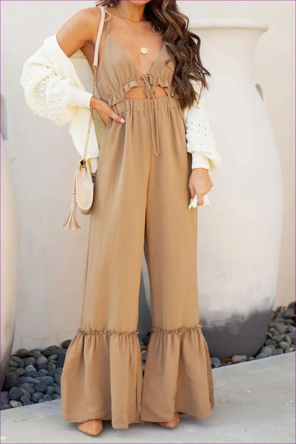 Jumpsuit with Ruffle Hem Detail - Bohemian Grace - l / Khaki - Backless • Boho • Casual • Clothing • Cutout - Lingerie