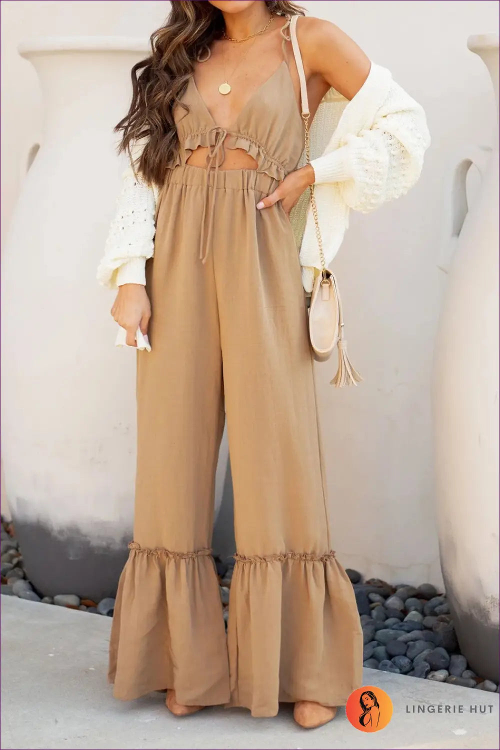 Jumpsuit with Ruffle Hem Detail - Bohemian Grace - l / Khaki - Lingerie Hut - All Season • Backless • Boho • Casual