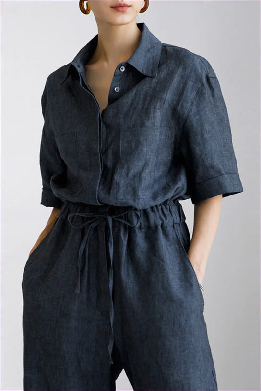 Jumpsuit with Shirt Collar - Relaxed Weekends - l / Purplish Blue - Lingerie Hut - All Season • Autumn • Casual