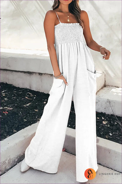 Jumpsuit with Smocked Bodice - Vacation Vibes - s / White - Lingerie Hut - All Season • Beachwear • Boho • Casual