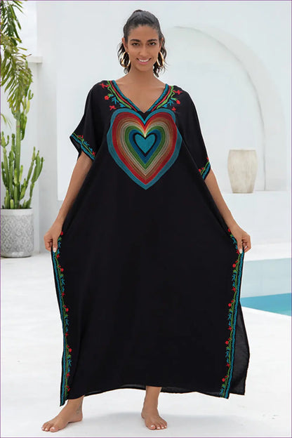 Kaftan with Embroidered Heart Motif - Poolside Luxury - one Size / Black - Cover Up - Lingerie Hut - Beachwear • Boho