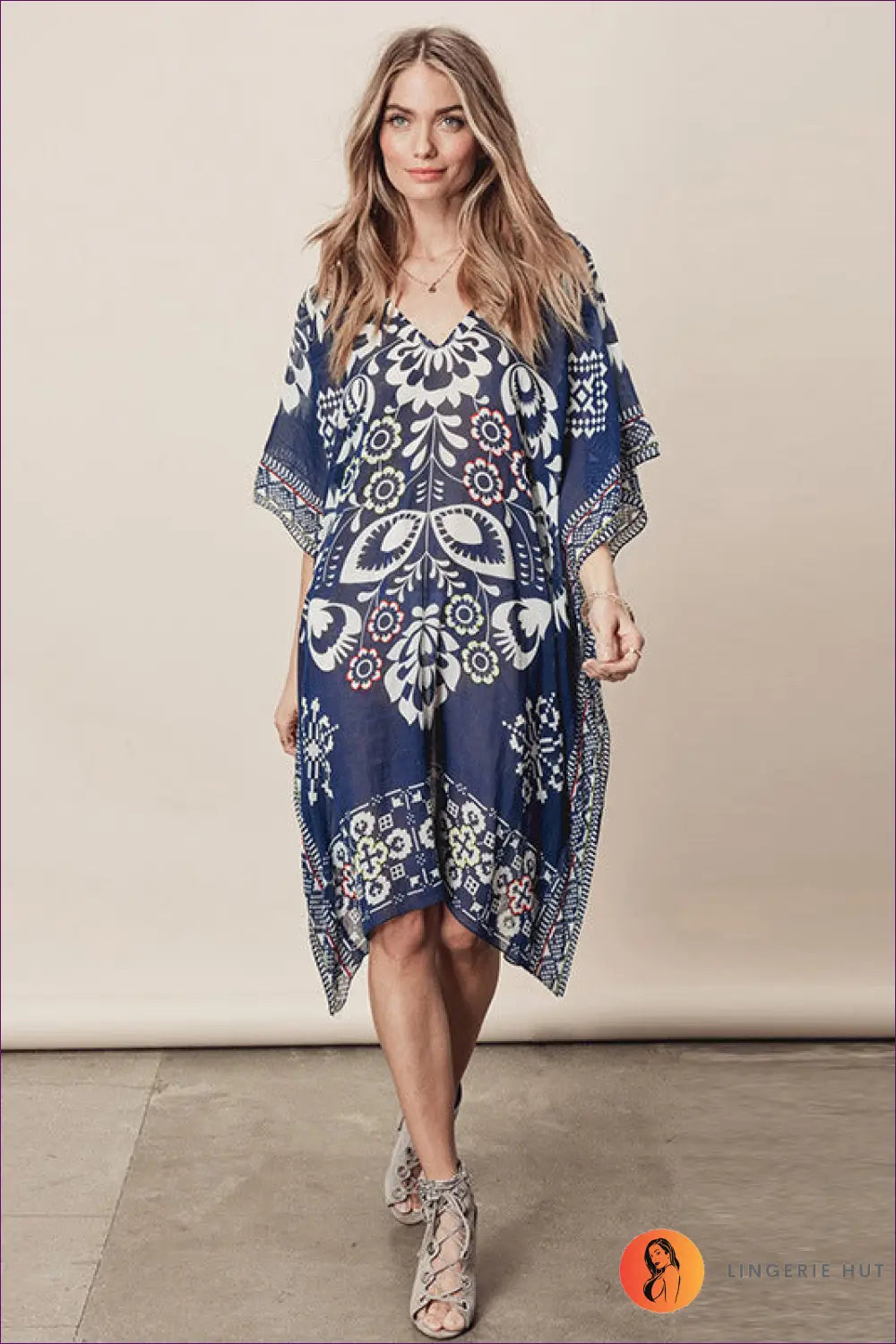Kaftan with Folk Print - Bohemian Wanderlust - one Size / Navy Blue - Cover Up - Lingerie Hut - All Season • Beachwear