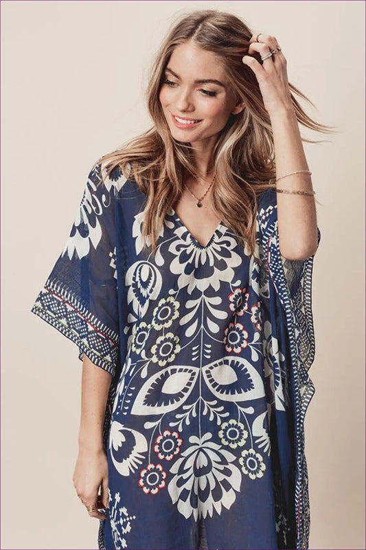 Kaftan with Folk Print - Bohemian Wanderlust - one Size / Navy Blue - Cover Up - Lingerie Hut - All Season • Beachwear