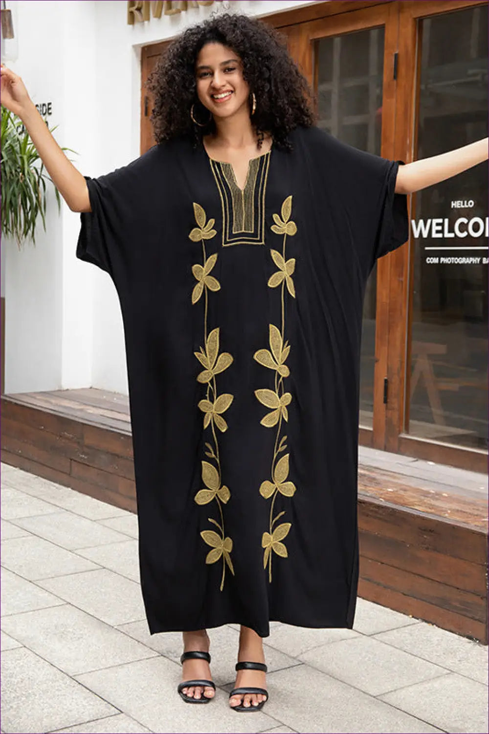 Kaftan Maxi Dress with Gold Embroidery - Understated Glamour - one Size / Black - Dresses - Boho • Cover Up • Floral