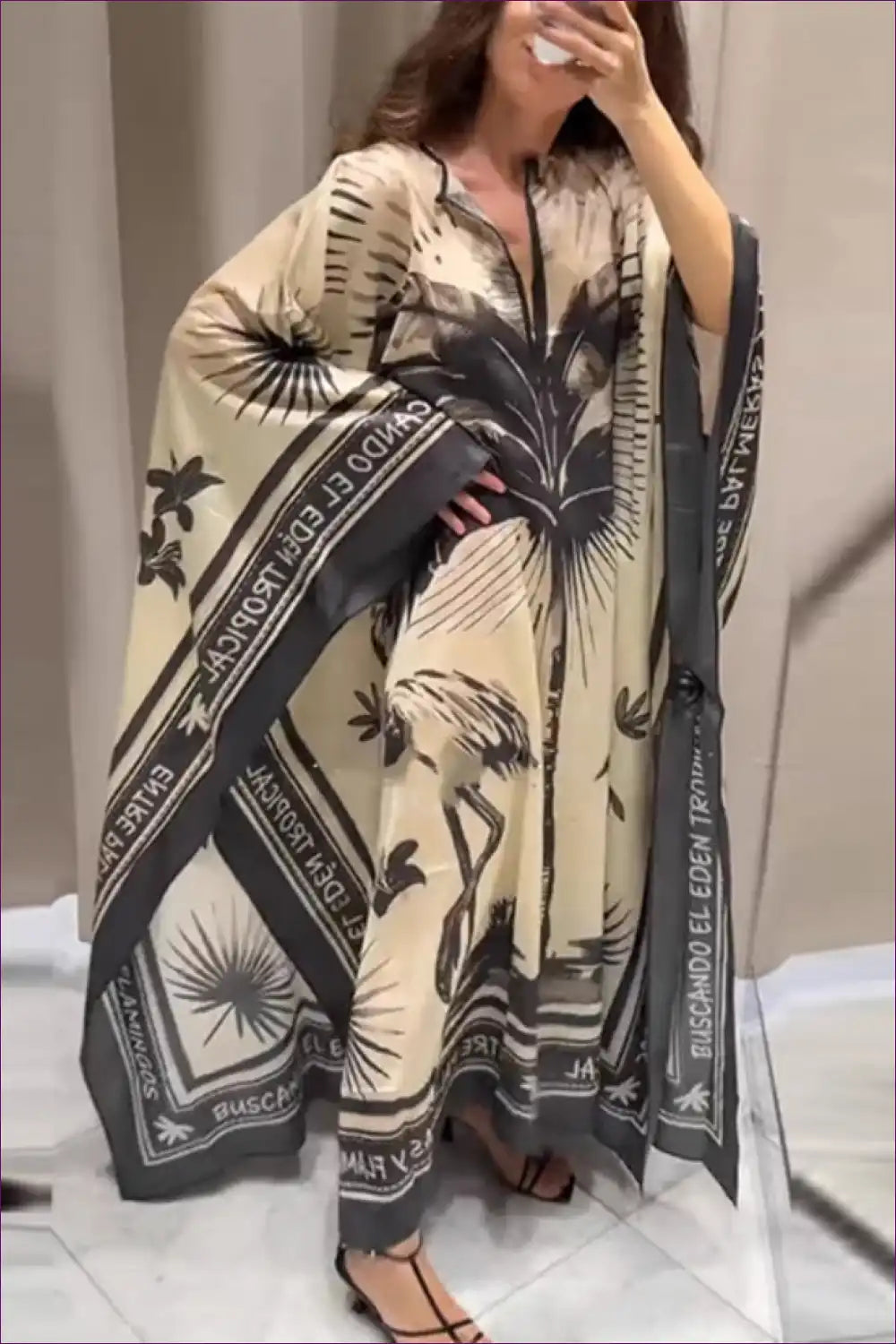 Kaftan with Palm Print - Vacation Luxury for Beachwear, Boho, Casual, Chiffon, Cover Up