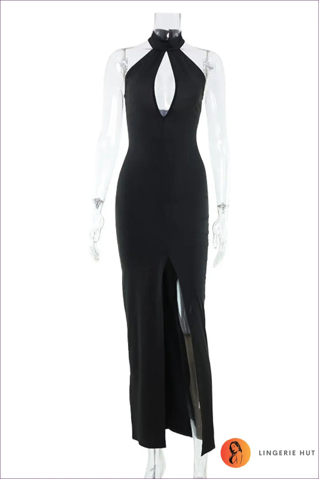 Keyhole Halter Slit Maxi Dress - Effortless Formal Glamour