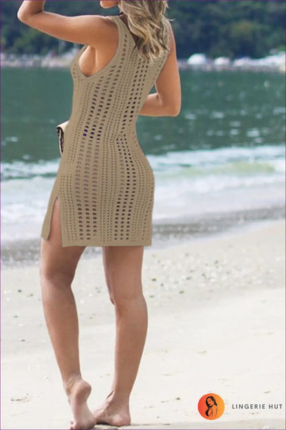Khaki Bodycon Knit Dress with Eyelet Detail - Sunset Stroll - Beachwear • Casual • Cover Up • Dresses - Lingerie Hut