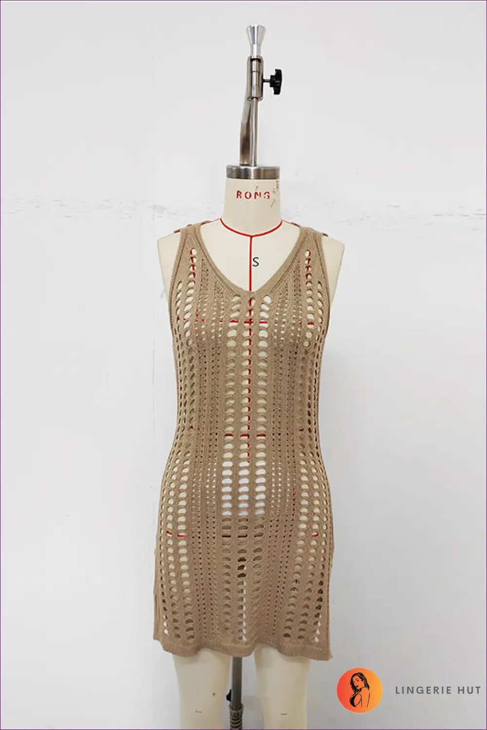 Khaki Bodycon Knit Dress with Eyelet Detail - Sunset Stroll - s / Beachwear • Casual • Cover Up • Dresses - Lingerie Hut