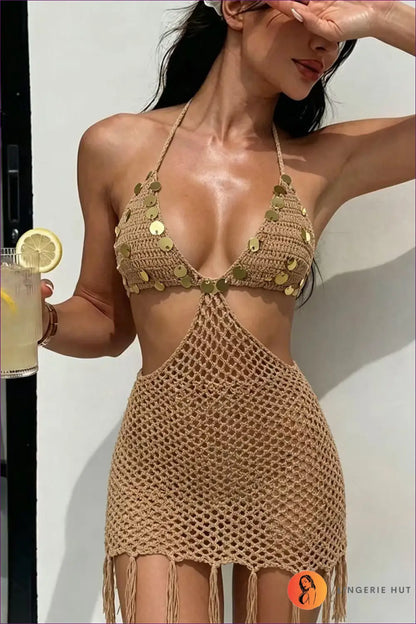 Khaki Sequin Crochet Mini Dress with Fringe Hem - Last Light Tassel - s / Backless • Dresses • Glamour