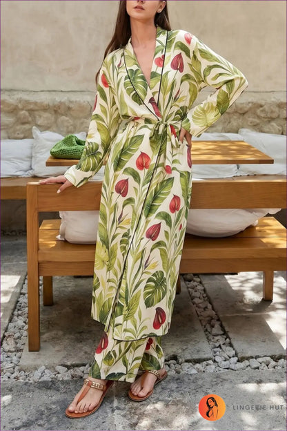 Kimono Co-ord Set with Wide-leg Trousers - Villa Evenings - one Size / Picture Color - Loungewear - Casual • Everyday