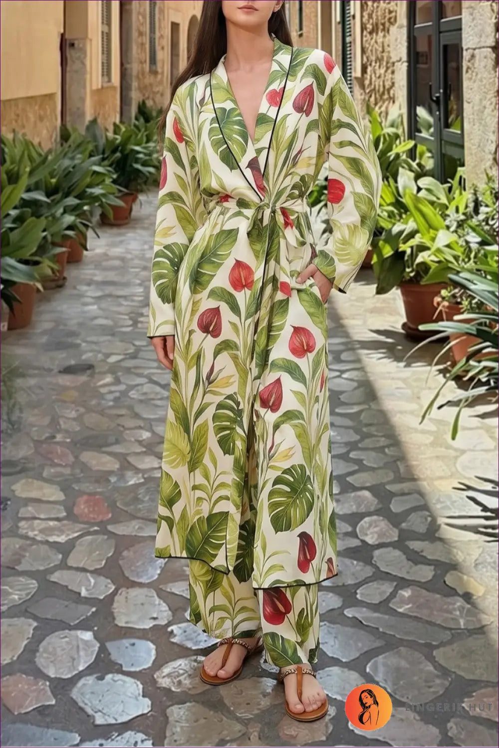Kimono Co-ord Set with Wide-leg Trousers - Villa Evenings - one Size / Picture Color - Loungewear - Casual • Everyday