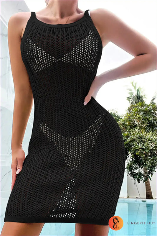 Knit Beach Dress with Cut-out Detail - Boho Summer Escape for Beachwear, Bodycon, Boho, Casual, Crochet