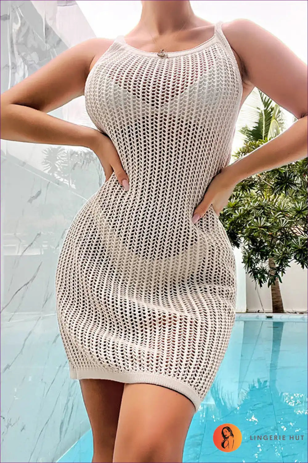 Knit Beach Dress with Cut-out Detail - Boho Summer Escape for Beachwear, Bodycon, Boho, Casual, Crochet