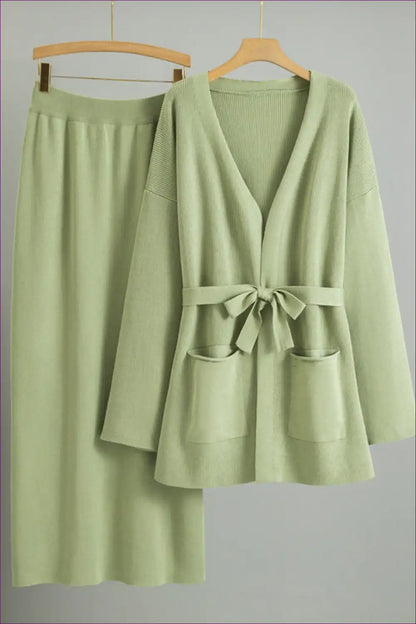 Knit Cardigan Skirt Set with Belt Tie - Relaxed Sophistication for Autumn, Casual, co Ord, Everyday,