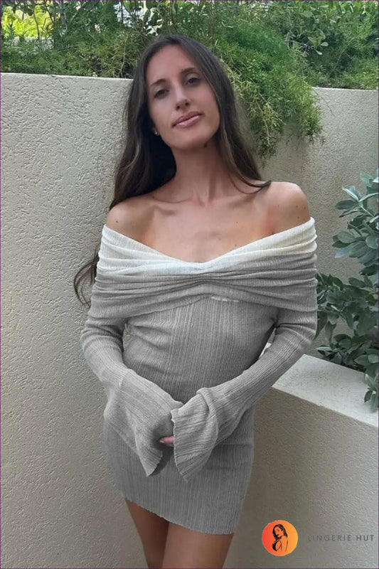 Knit Mini Dress with Off-shoulder Detail - Effortless Elegance - Dresses - Lingerie Hut - All Season • Autumn • Bodycon