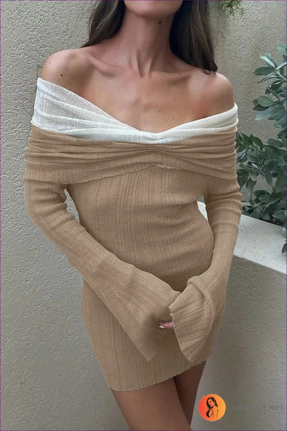 Knit Mini Dress with Off-shoulder Detail - Effortless Elegance - Dresses - Lingerie Hut - All Season • Autumn • Bodycon