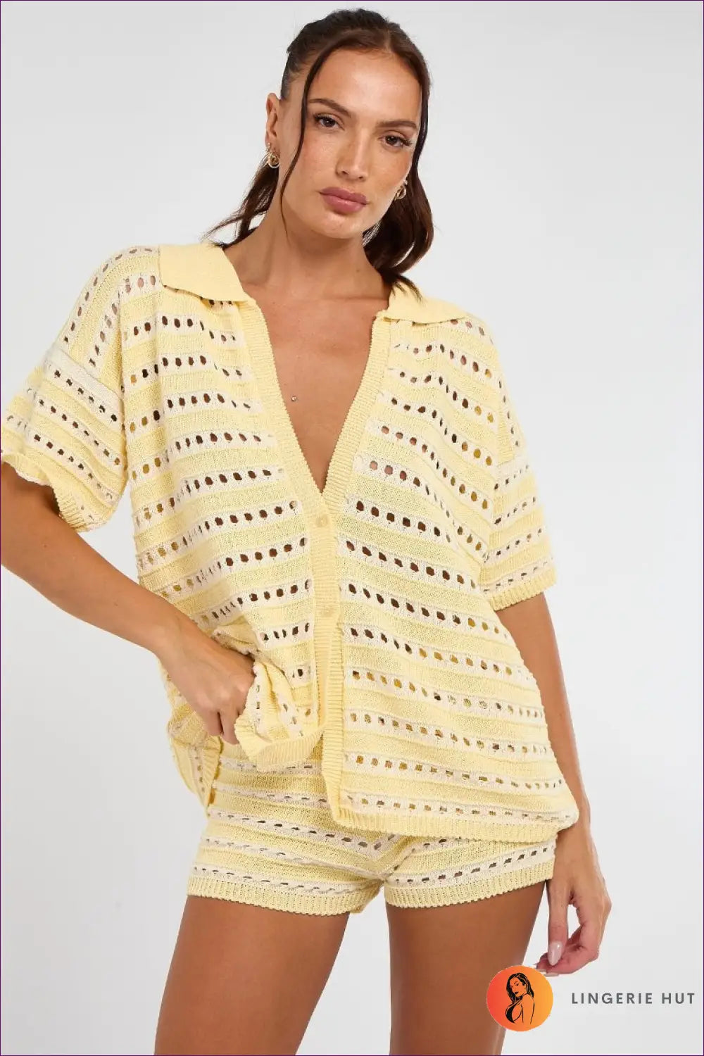 Knit Co-ord Set with Collar Detail - Poolside Downtime - s / Yellow on White - Loungewear - Casual • Cover Up