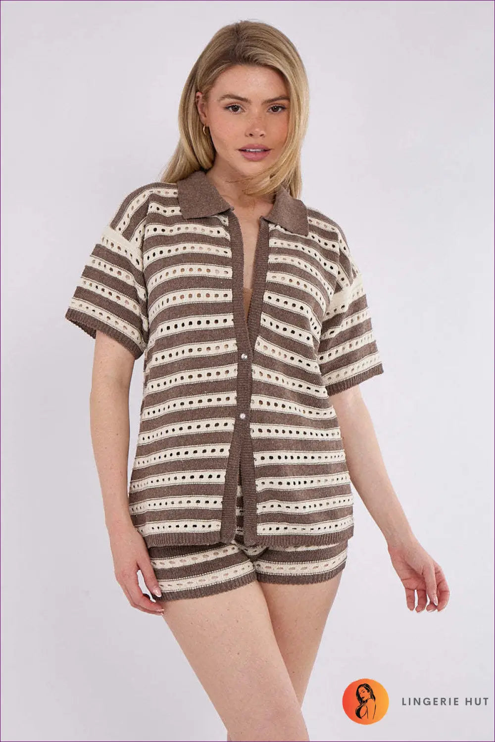 Knit Co-ord Set with Collar Detail - Poolside Downtime - s / Brown and White - Loungewear - Casual • Cover Up
