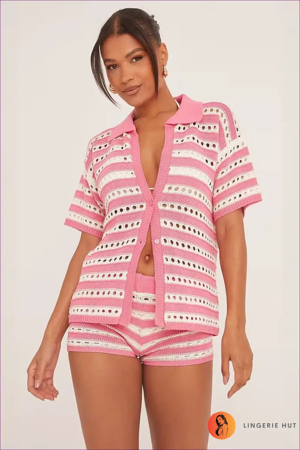 Knit Co-ord Set with Collar Detail - Poolside Downtime - s / Pink and White - Loungewear - Casual • Cover Up • Everyday