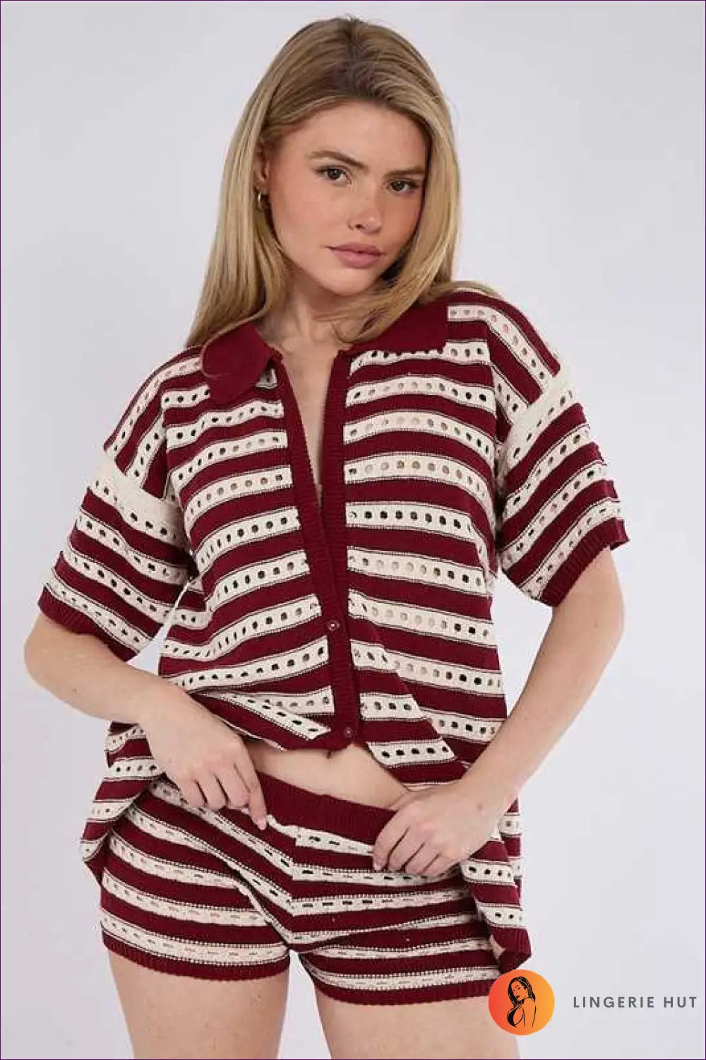 Knit Co-ord Set with Collar Detail - Poolside Downtime - s / Red and White - Loungewear - Casual • Cover Up • Everyday