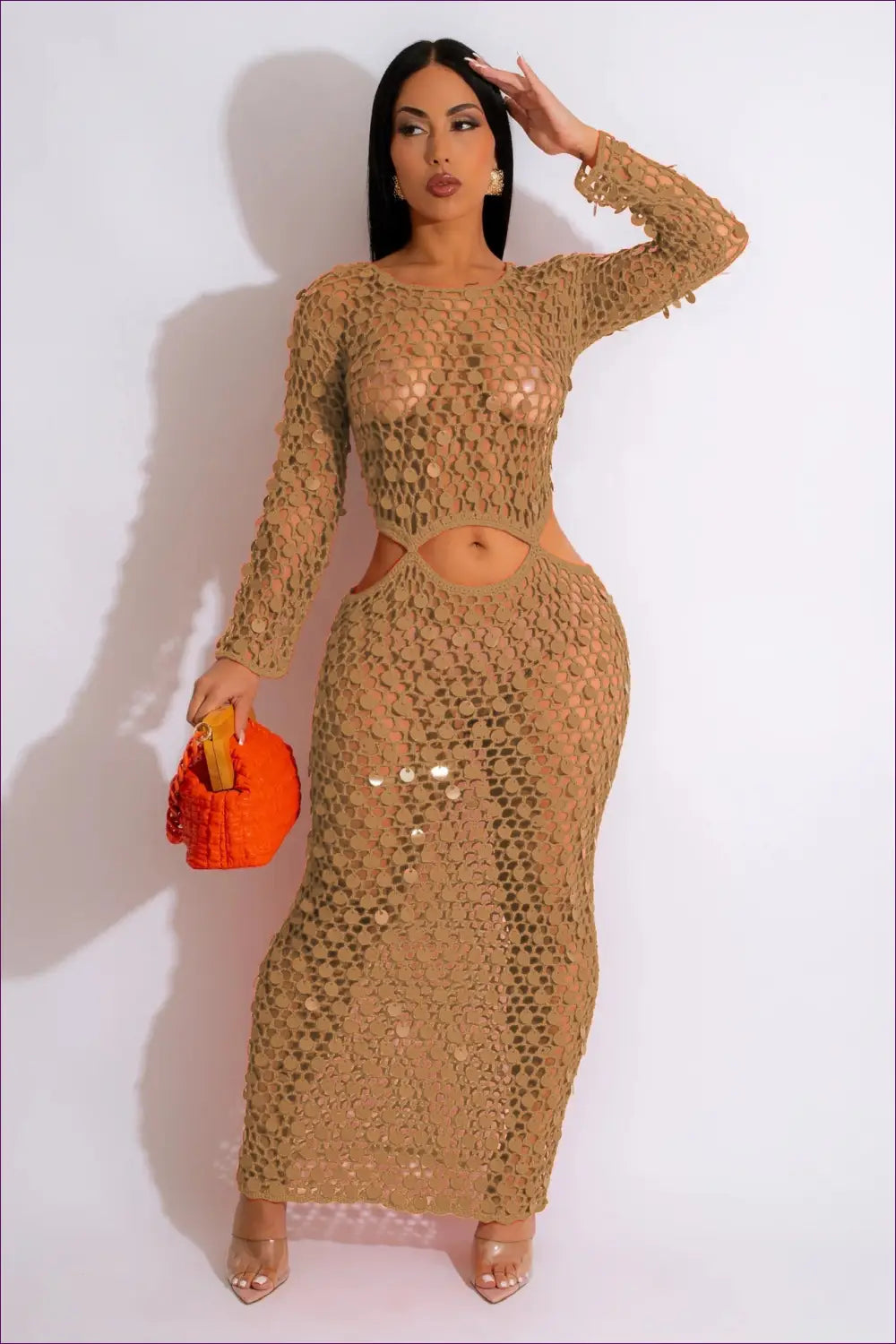 Knit Sequin Beach Cover Up Dress - Summer Evenings Sorted - s / Khaki - Clothing - Lingerie Hut - Beachwear • Crochet