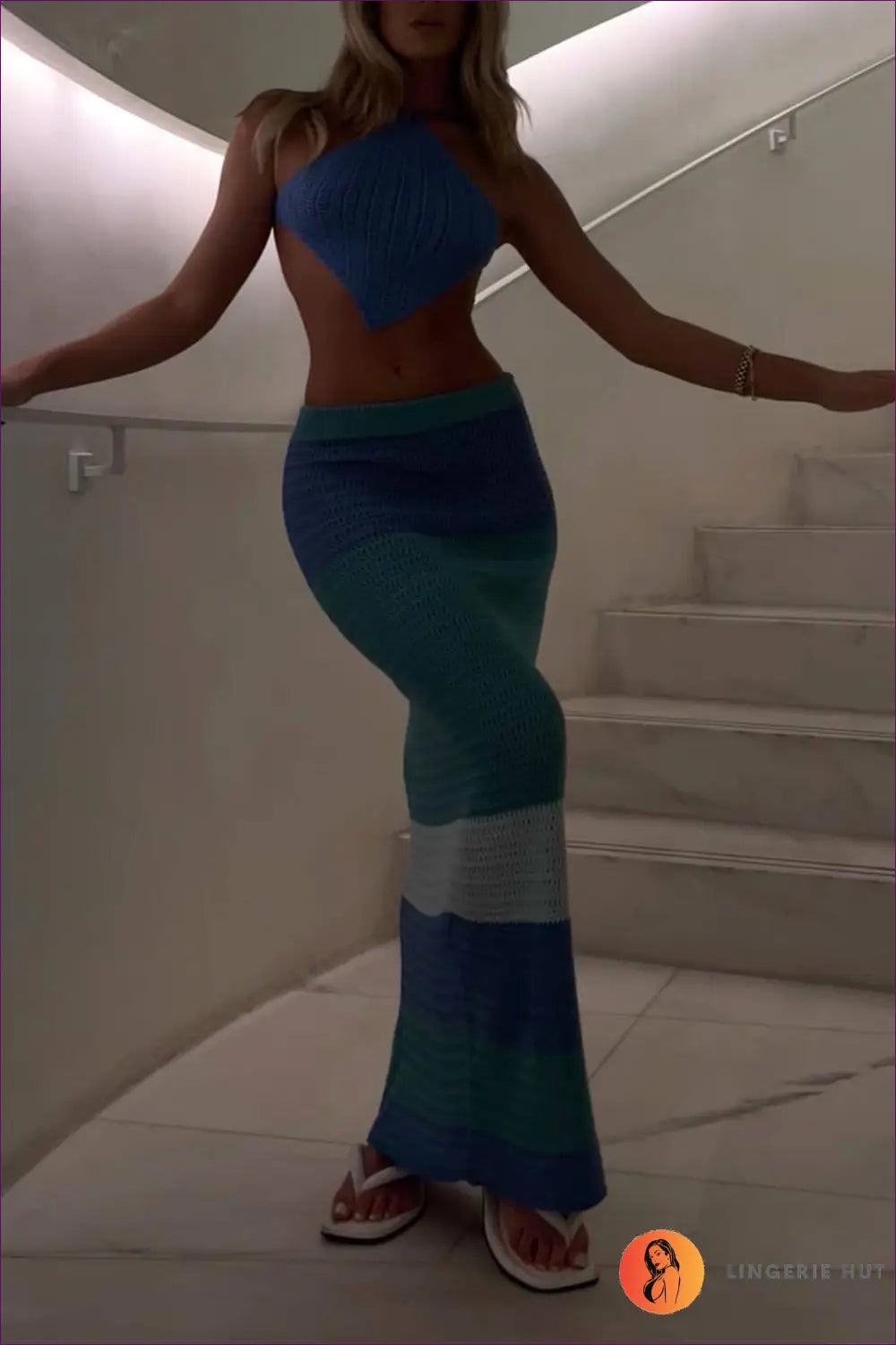 Knit Set with Halter Top - Bohemian Escape - s / Blue Striped Skirt - co Ord - Lingerie Hut - Backless • Beachwear