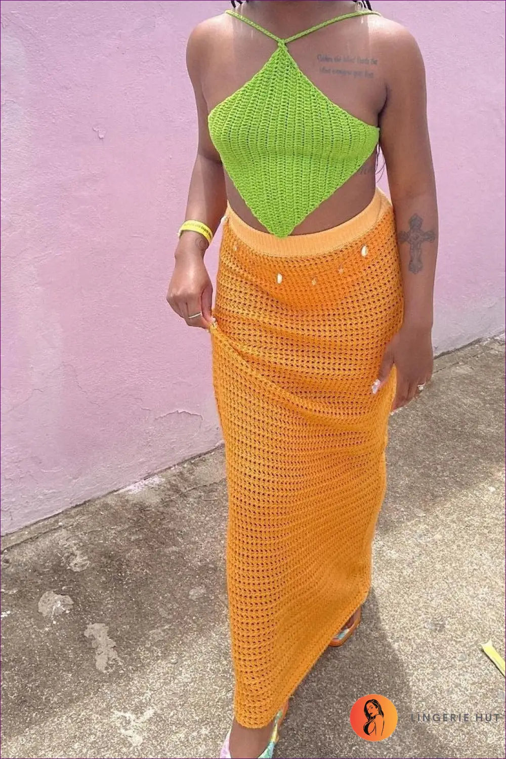 Knit Set with Halter Top - Bohemian Escape - s / Orange Skirt - co Ord - Lingerie Hut - Backless • Beachwear • Boho