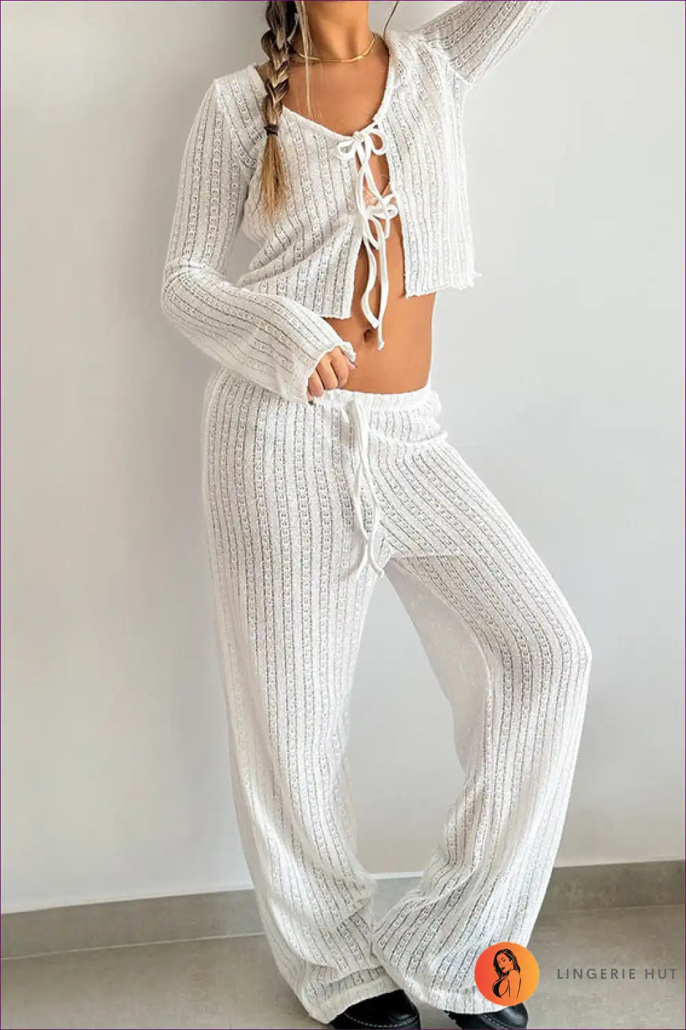 Knit Set with Lace-up Detail - Relaxed Elegance for Autumn, Casual, co Ord, Crop, Everyday