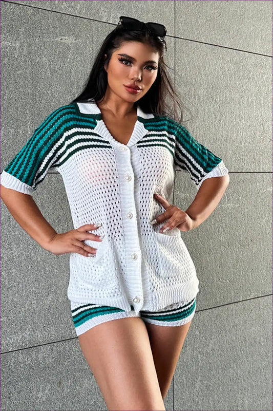 Knit Set with Striped Polo Top - Sporty Chic Confidence for All Season, Casual, co Ord, Cotton, Everyday