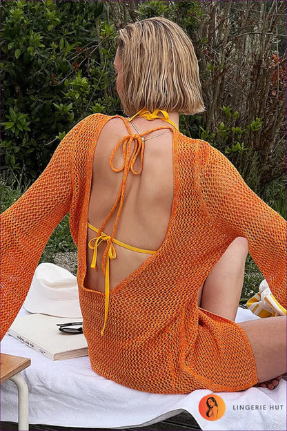 Knitted Backless Cover Up Mini Dress - Boho Beach Allure - one Size / Orange - Swimwear - Lingerie Hut - Autumn