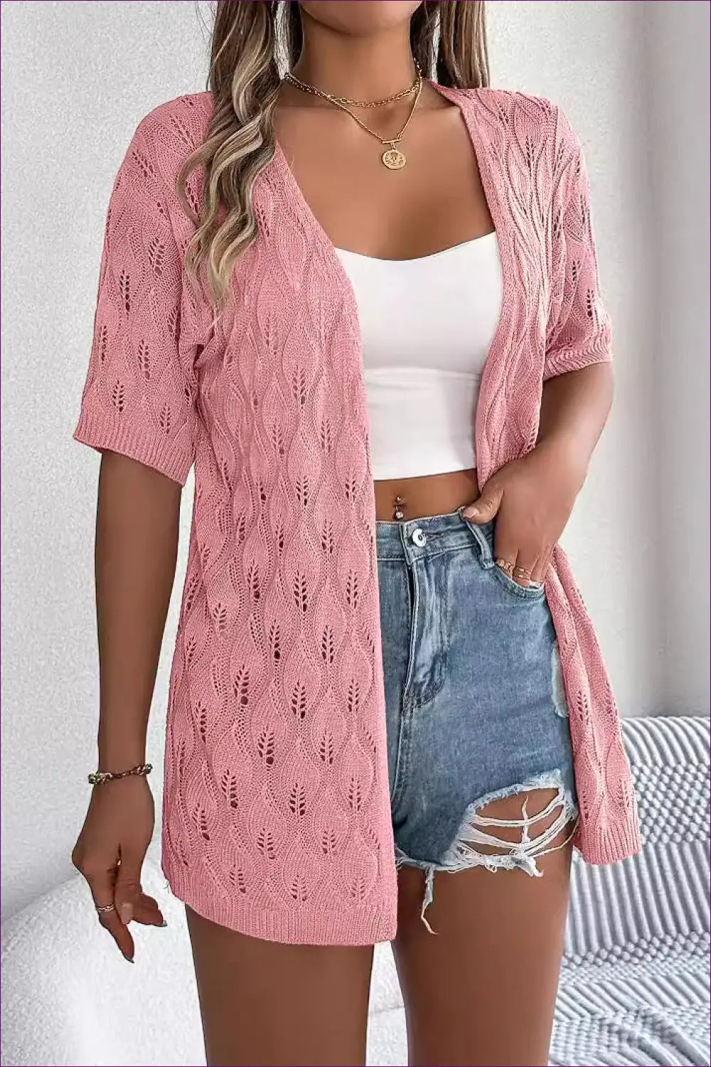 Knitted Cardigan Cover Up with Cutout Detail - Effortless Ease - s / Pink - Clothing Tops - Lingerie Hut - Autumn