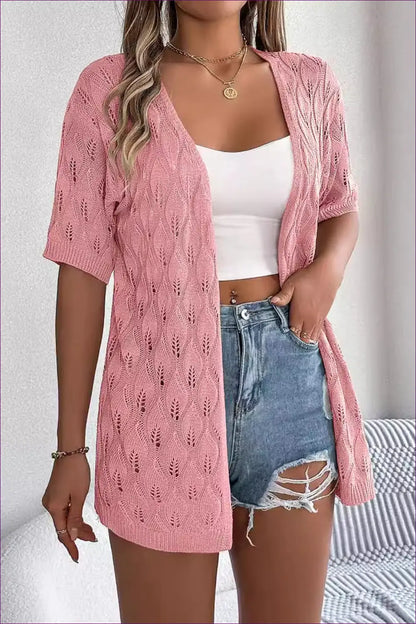 Knitted Cardigan Cover Up with Cutout Detail - Effortless Ease - s / Pink - Clothing Tops - Lingerie Hut - Autumn