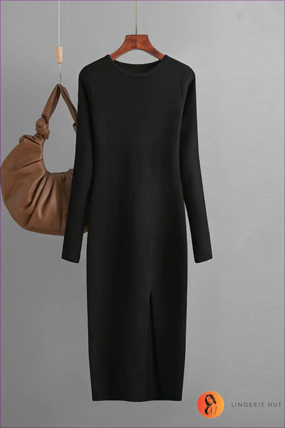 Knitted Midi Dress with Front Slit and Crew Neck for All Season, Bodycon, Casual, Cotton, Everyday