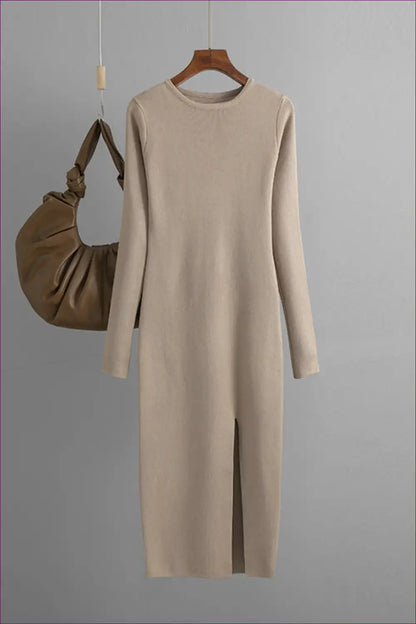 Knitted Midi Dress with Front Slit and Crew Neck for All Season, Bodycon, Casual, Cotton, Everyday