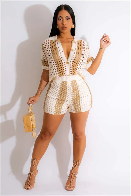 Knitted Shorts Co-ord Set with Collar - Effortless Summer Cool - s / Khaki - co Ord - Clothing - Lingerie Hut - Casual