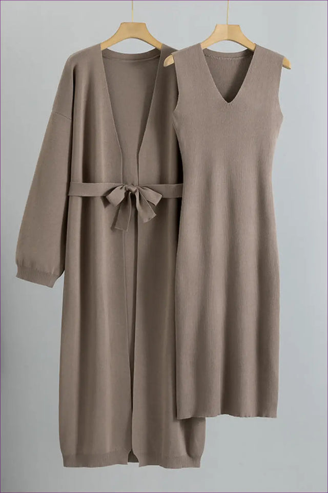 Knitted Vest Dress and Belted Cardigan Set - Effortless Layers