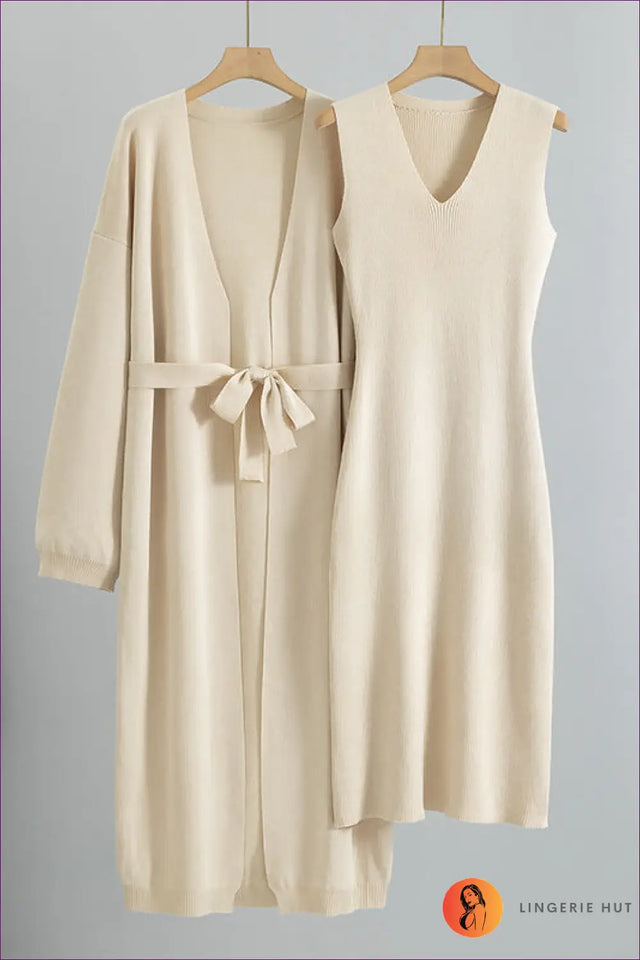 Knitted Vest Dress and Belted Cardigan Set - Effortless Layers