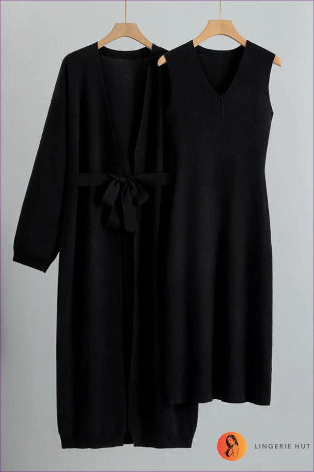 Knitted Vest Dress and Belted Cardigan Set - Effortless Layers