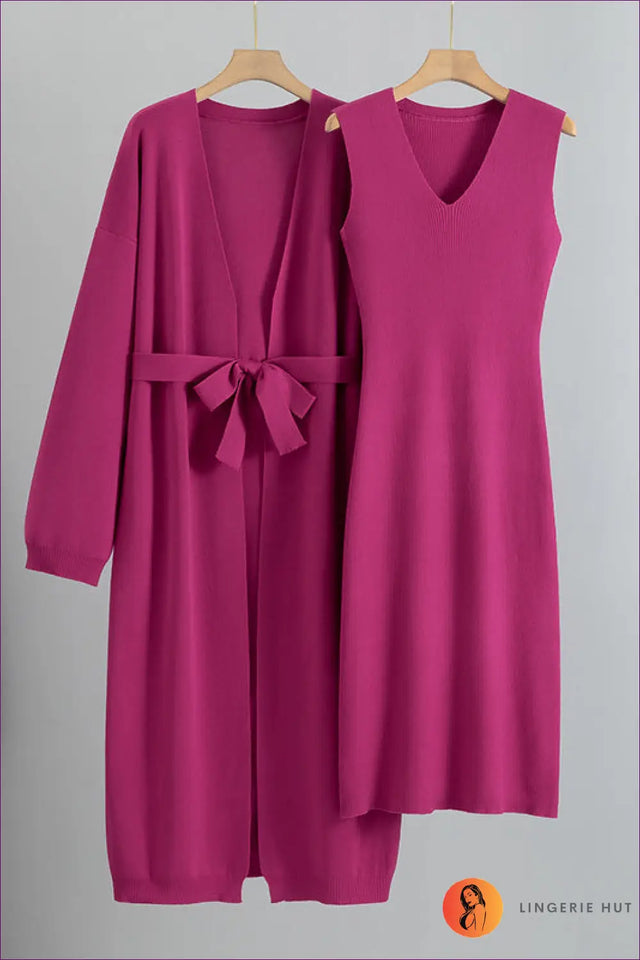 Knitted Vest Dress and Belted Cardigan Set - Effortless Layers