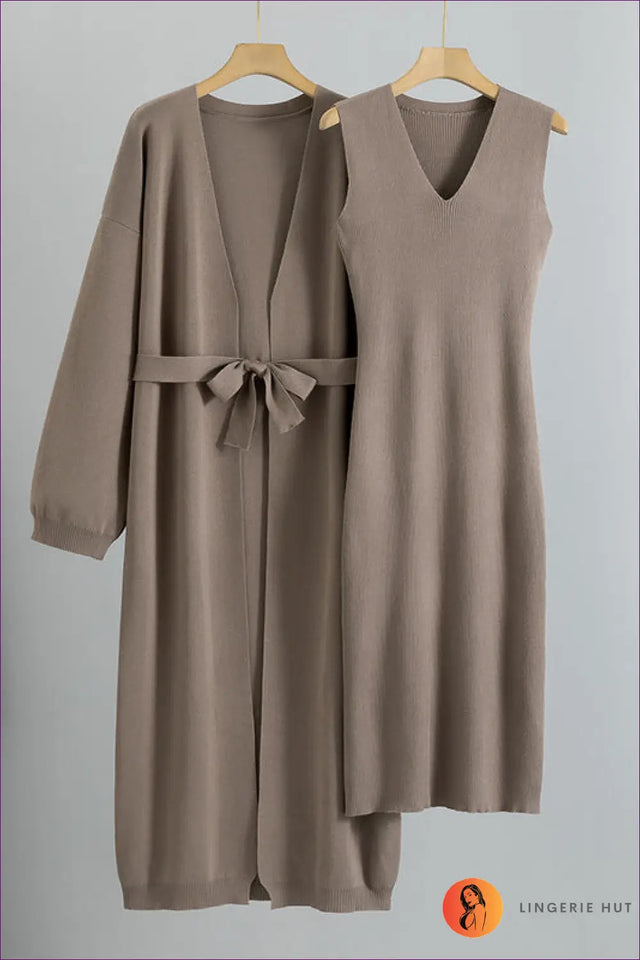 Knitted Vest Dress and Belted Cardigan Set - Effortless Layers