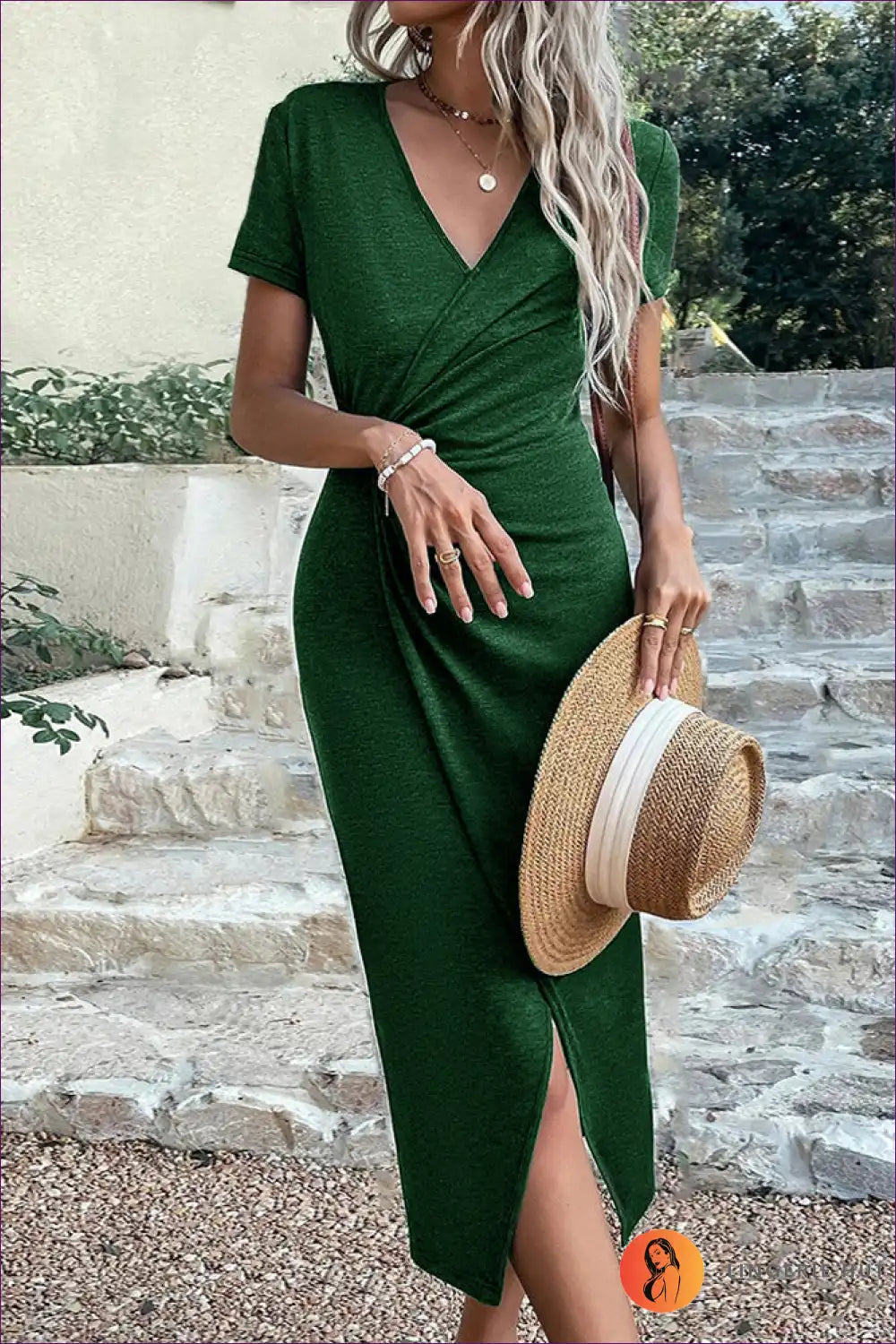 Knot Detail Midi Wrap Dress with Split Hem - Effortless Elegance for A-line, Casual, Everyday, Jersey,