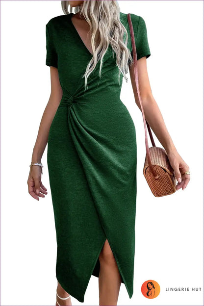 Knot Detail Midi Wrap Dress with Split Hem - Effortless Elegance for A-line, Casual, Everyday, Jersey,