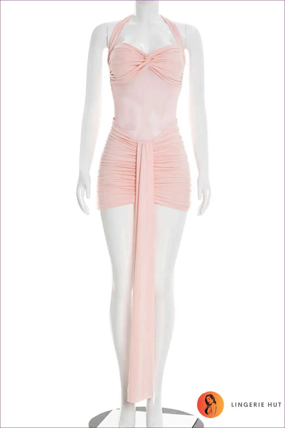 Knot Front Halter Dress with Ruched Tail Skirt - After Dark Elegance - s / Light Pink - Bodycon - Date Night • Dresses