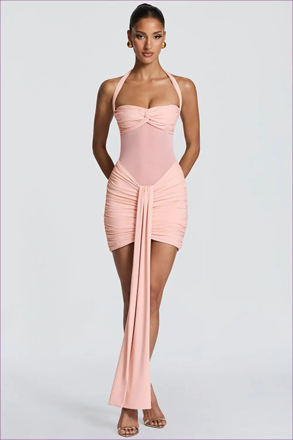 Knot Front Halter Dress with Ruched Tail Skirt - After Dark Elegance - Bodycon - Date Night • Dresses • Evening Wear